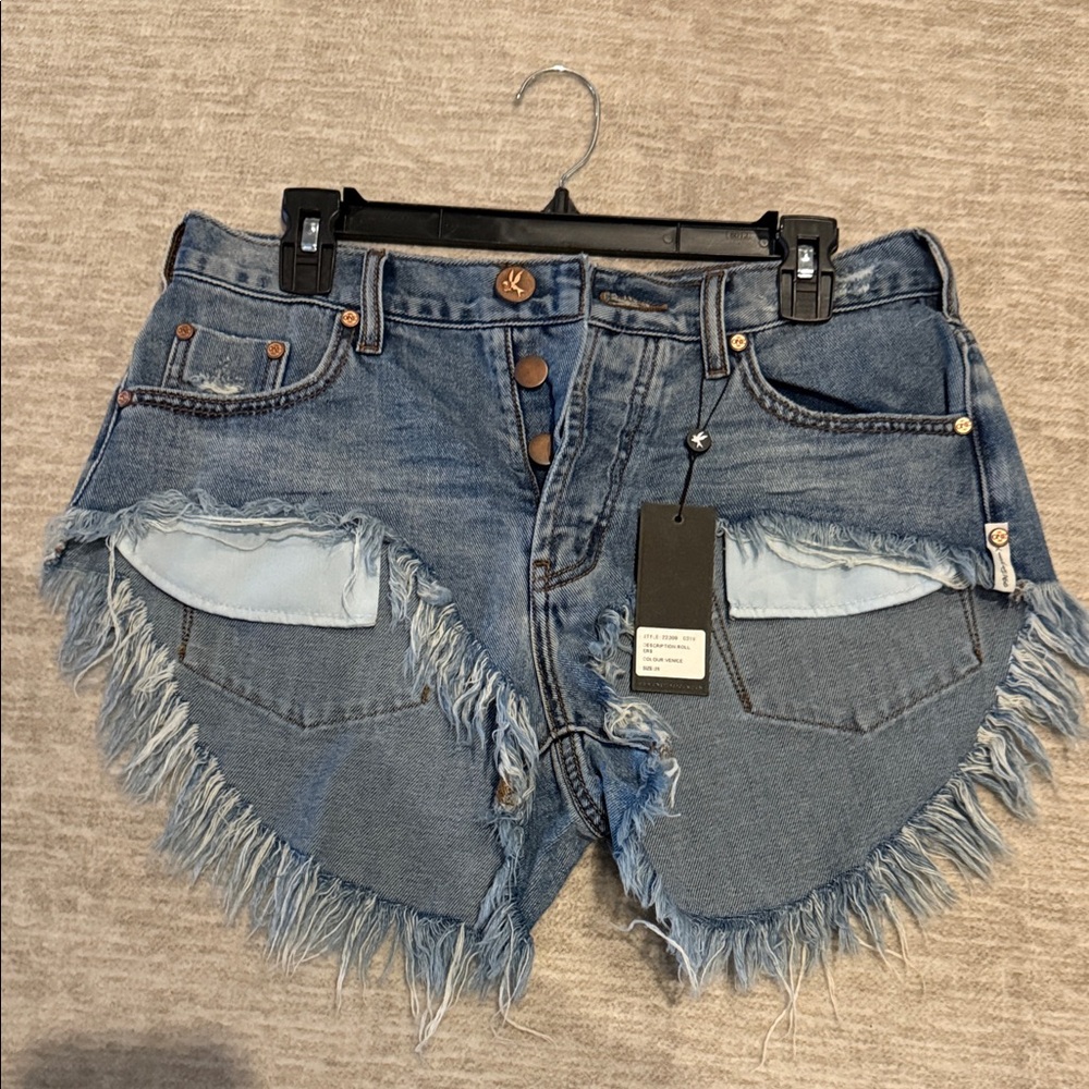 One Teaspoon Blue Frayed Jean Shorts
